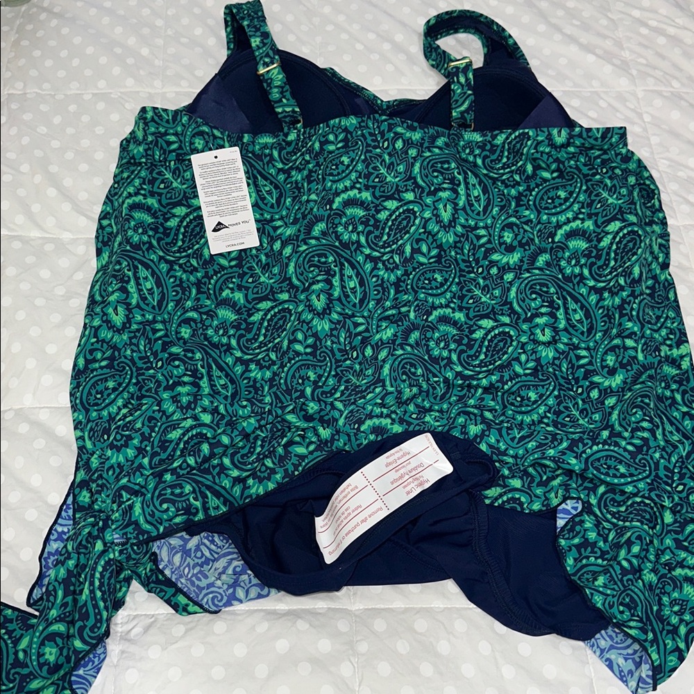 Lands End SlenderSuit Wrap Swim Dress Swimsuit blue green paisley 24W nwt - Picture 8 of 9